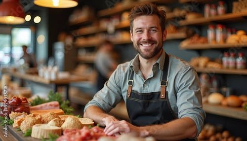 Fototapeta Naklejka Na Ścianę i Meble -  Portrait of a delicatessen owner with a friendly smile, arranging items in a well-stocked shop. Depth of field and symmetry create an advertising-style layout with space for text.






