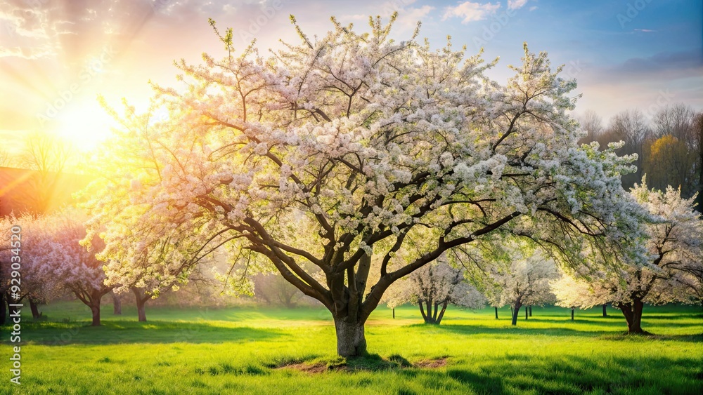 Blossoming tree in a spring garden, blossoms, springtime, nature, outdoor, growth, beauty, branches, sunny, green, fresh, season Blossoming tree in a spring garden, blossoms, springtime, nature, outdoor, growth, beauty, branches, sunny, green, fresh, season