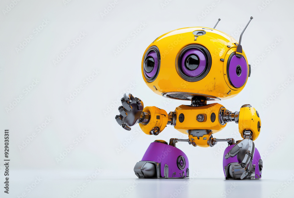 Fototapeta premium A charming yellow robot with purple accents, showcasing a playful design, ideal for technology and creative projects.