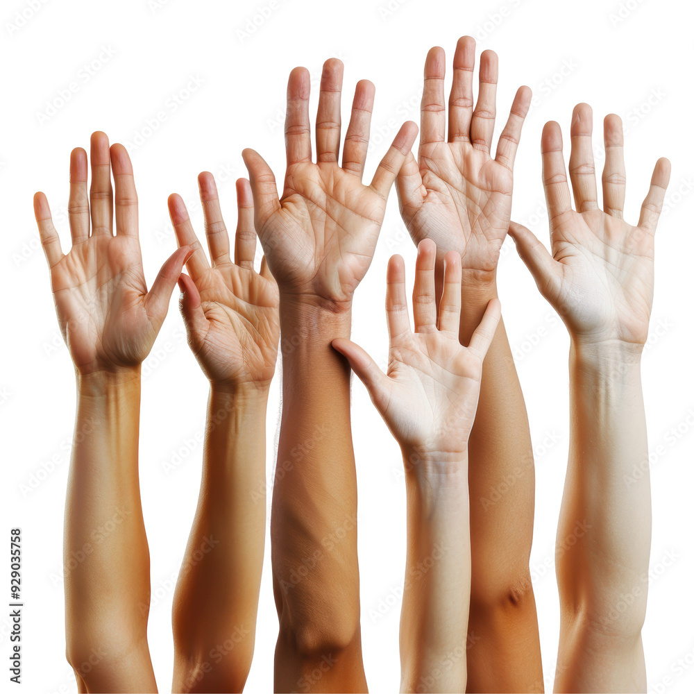 Raised Hands Volunteering Concept Isolated on Transparent or White Background, PNG