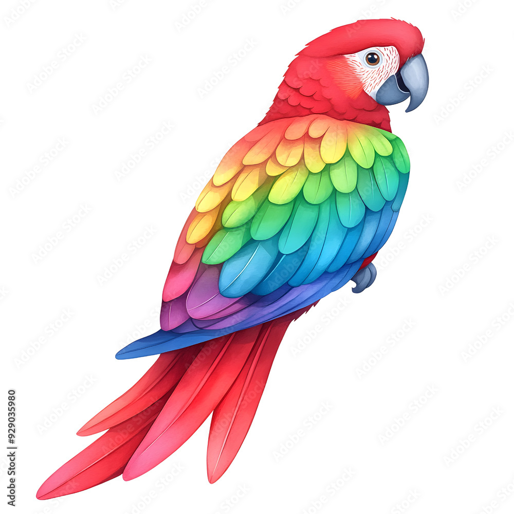 Obraz premium A vibrant scarlet macaw with iridescent feathers, showcasing a spectrum of colors. A tropical bird with a captivating presence.