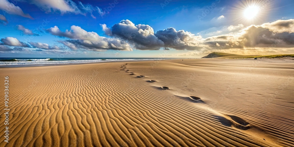 Naklejka premium Wind-blown sand covering abandoned footprints on a desolate beach , sand, wind, footprints, abandoned, beach, desolate, landscape
