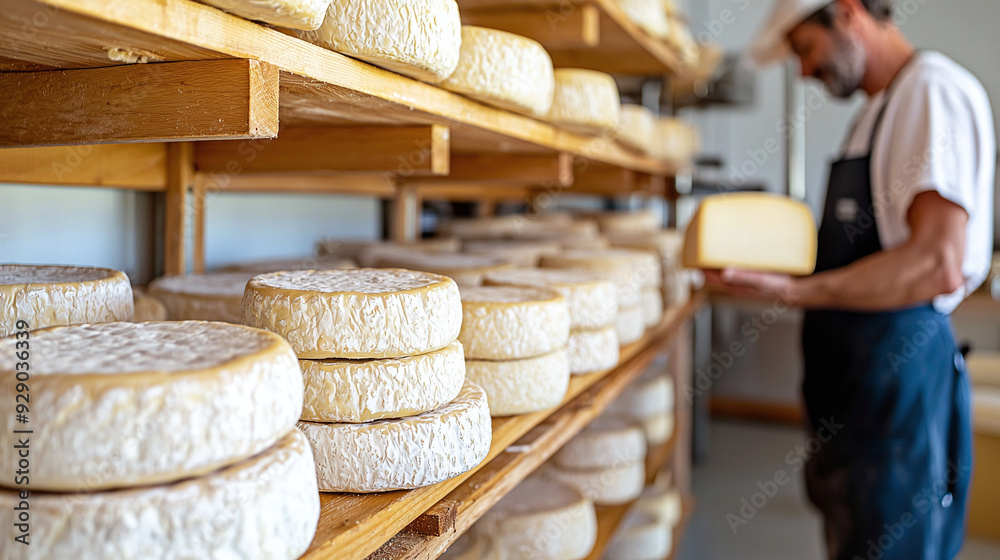 a cheesemaker working in an artisanal cheese factory, with a focus on the aging process a cheesemaker working in an artisanal cheese factory, with a focus on the aging process