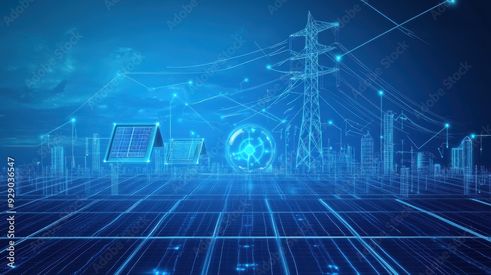 Fototapeta premium Solar energy storage in smart grid clear outline concept