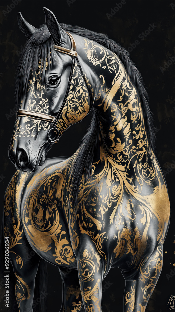 Schwarzes Pferd mit goldenem Muster und schwarzem Hintergrund