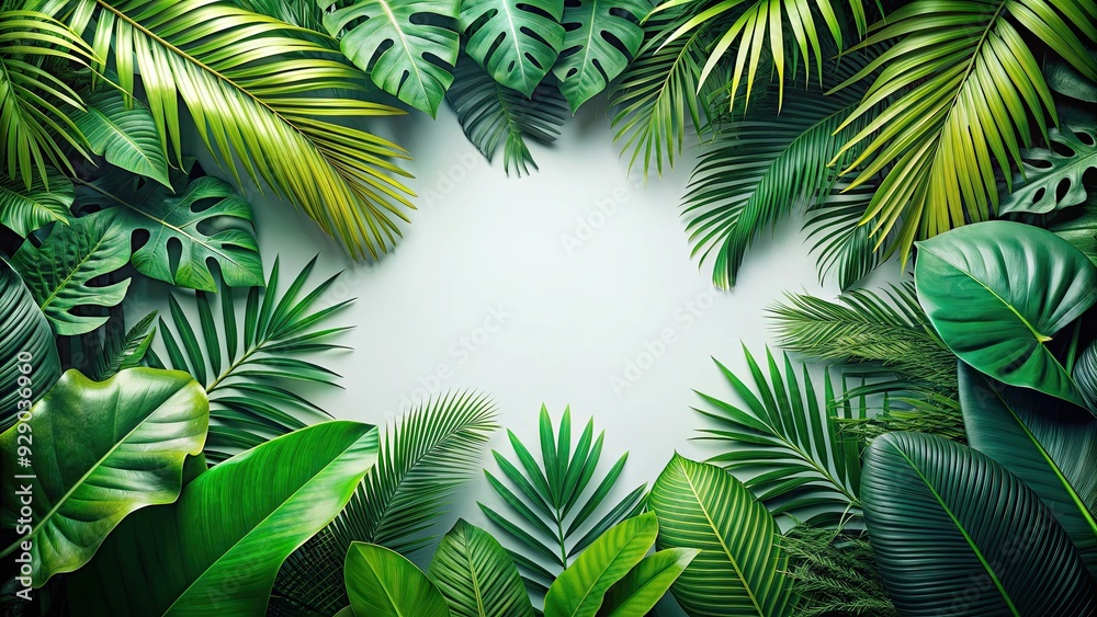 Tropical foliage with a white clear space for text overlay, tropical, foliage, greenery, nature, tropical plants Tropical foliage with a white clear space for text overlay, tropical, foliage, greenery, nature, tropical plants