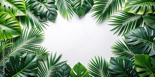 Tropical leaves with a centered empty space for text or design , foliage, palm leaves, tropical, green, exotic