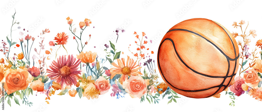 Obraz premium Basketball nestled in a vibrant floral arrangement.
