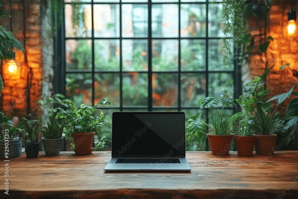 Laptop on a Rustic Desk with Plants and Window View: A minimalist workspace with a laptop on a rustic wooden desk, surrounded by lush greenery and a window with a view, creating a calm and productive Laptop on a Rustic Desk with Plants and Window View: A minimalist workspace with a laptop on a rustic wooden desk, surrounded by lush greenery and a window with a view, creating a calm and productive