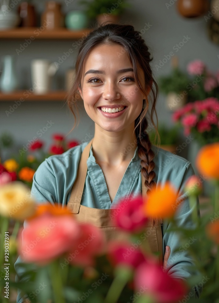 A smiling florist arranges vibrant flowers in a well-organized shop, with natural light creating depth and space for text. A smiling florist arranges vibrant flowers in a well-organized shop, with natural light creating depth and space for text.