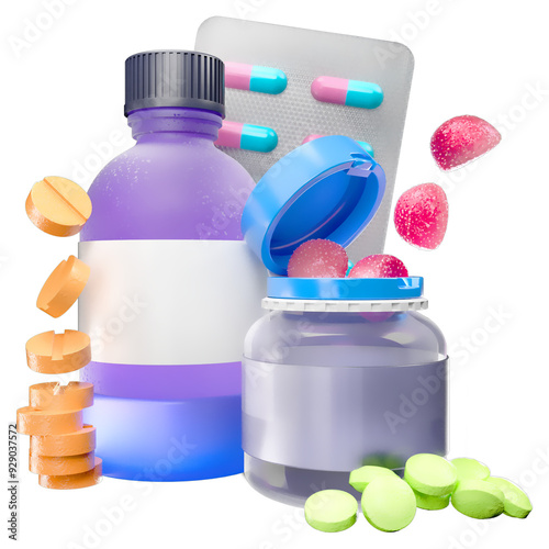 pharmacy medicine pills and multivitamin gummy 3D illustration
