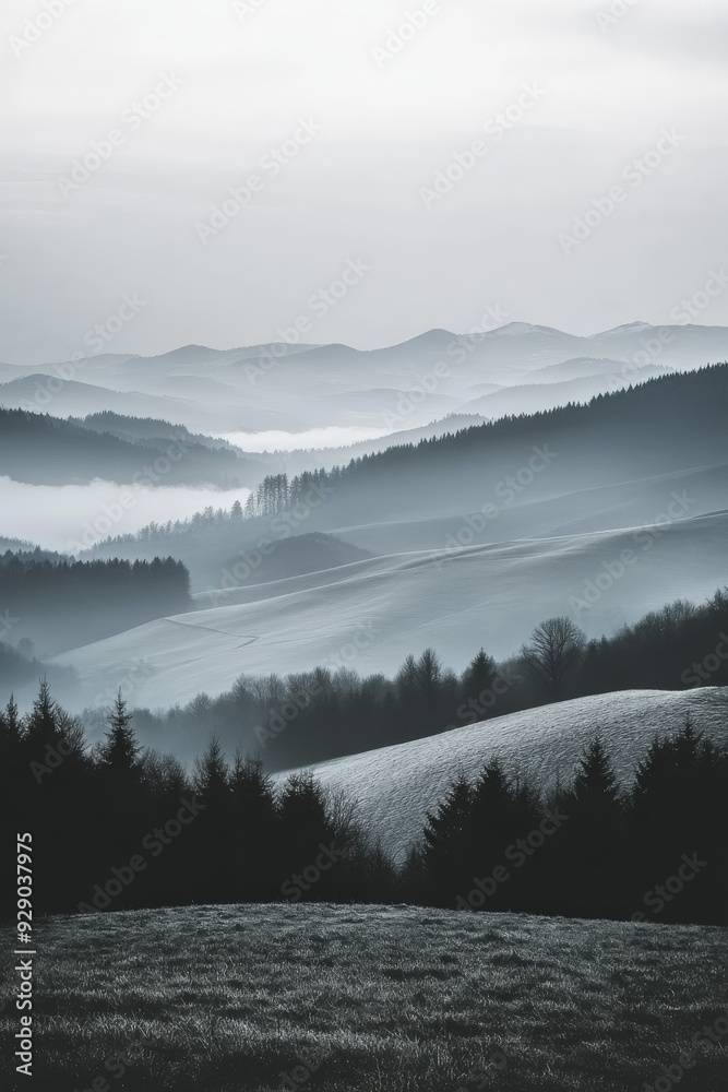 Fototapeta premium Misty rolling hills at dawn in a tranquil landscape