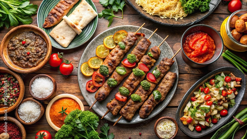 Top view of a traditional Turkish meal with a variety of kebabs on a table , Turkish, meal, kebab Top view of a traditional Turkish meal with a variety of kebabs on a table , Turkish, meal, kebab