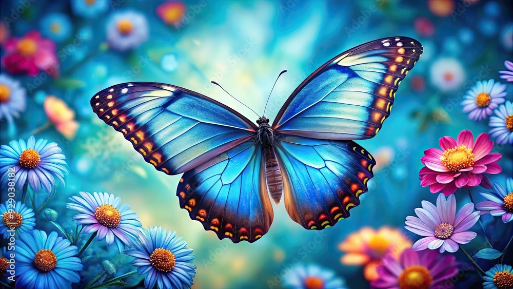 Blue butterfly with vibrant flowers pattern on wings, blue, butterfly, colorful, flowers, pattern, wings, insect, nature