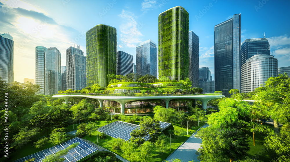 Obraz premium Futuristic cityscape with green skyscrapers and abundant trees showcasing sustainable urban living and renewable energy solutions