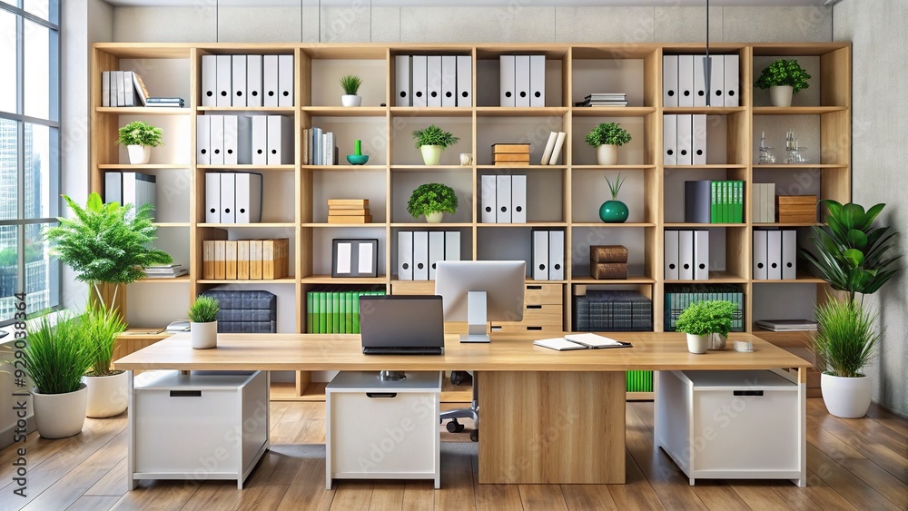 Modern office workspace with papers, files, and laptops on desk, surrounded by shelves and cabinets, symbolizing efficient business administration and organization. Modern office workspace with papers, files, and laptops on desk, surrounded by shelves and cabinets, symbolizing efficient business administration and organization.