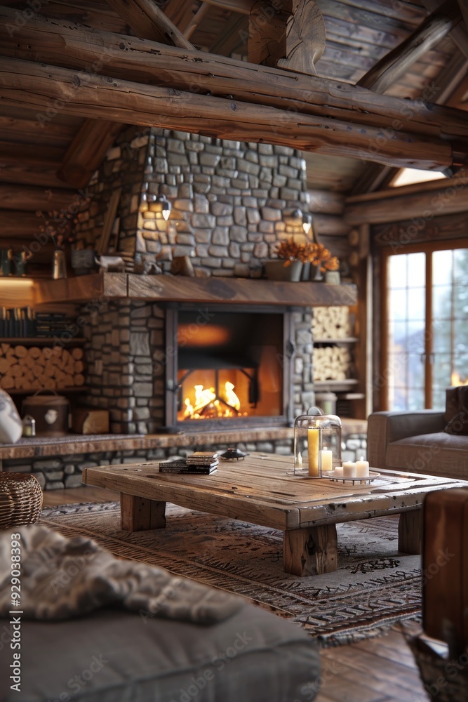 A rustic living room with cozy furniture, a warm fireplace and natural wood accents A rustic living room with cozy furniture, a warm fireplace and natural wood accents