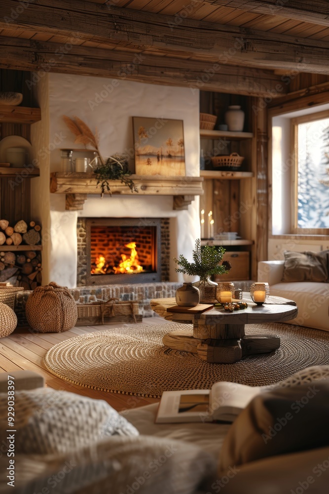 Fototapeta premium A rustic living room with cozy furniture, a warm fireplace and natural wood accents