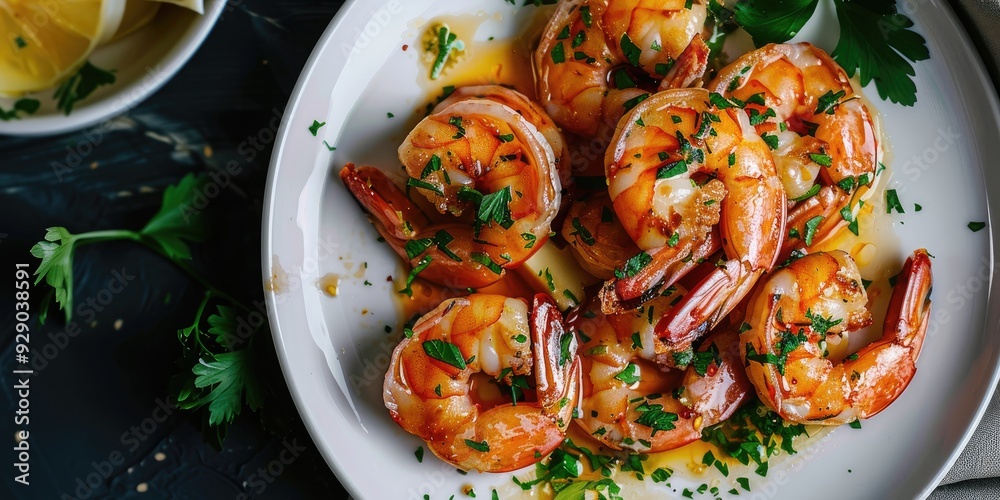 Garlic Shrimp with Butter and Parsley on a White Plate Garlic Shrimp with Butter and Parsley on a White Plate