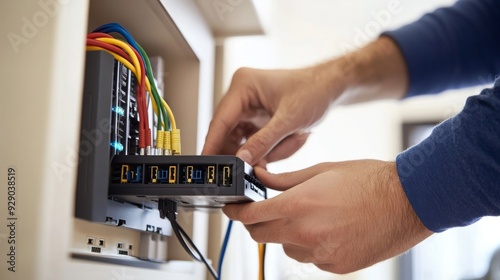 professional internet technician installing a new router and configuring settings, with clear labels and color-coded cables visible, in a client's home or small business