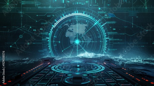 Submarine radar. Navy ship sonar navigation screen hud digital, ocean marine flight search naval weapon targeting futuristic dashboard ui spy mission vector illustration of radar sonar technology