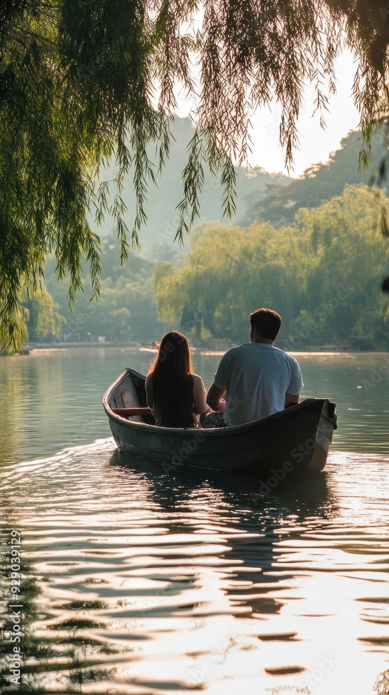 A couple relaxes in a small boat on a lake, enjoying the peaceful surroundings and golden light A couple relaxes in a small boat on a lake, enjoying the peaceful surroundings and golden light