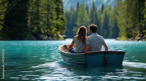 A couple sits closely in a small boat, appreciating the beautiful lake and forest scenery