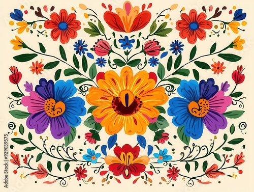 Hispanic decorative patterns flat design front view theme Fiesta celebration cartoon drawing, complementary color scheme