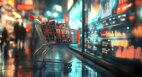 "Shopping Cart Filled with Products in Front of a Digital Shopping Screen"