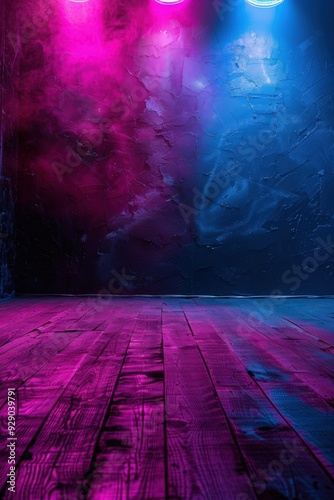 Bright neon lights illuminate a wooden floor on a stage backdrop