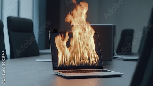 A laptop erupts in flames during a chaotic moment in a modern office environment
