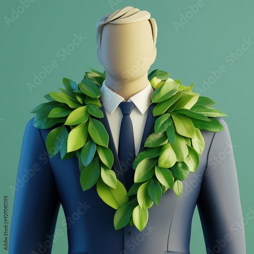 Business leader with leafthemed attire, sustainable leadership, 3D illustration photo