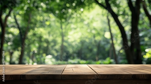 Wooden Tabletop with Defocused Green Forest Background