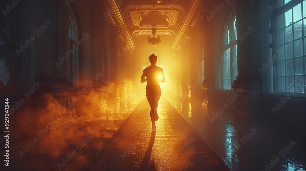 Silhouette of a Runner in a Golden Hallway Silhouette of a Runner in a Golden Hallway