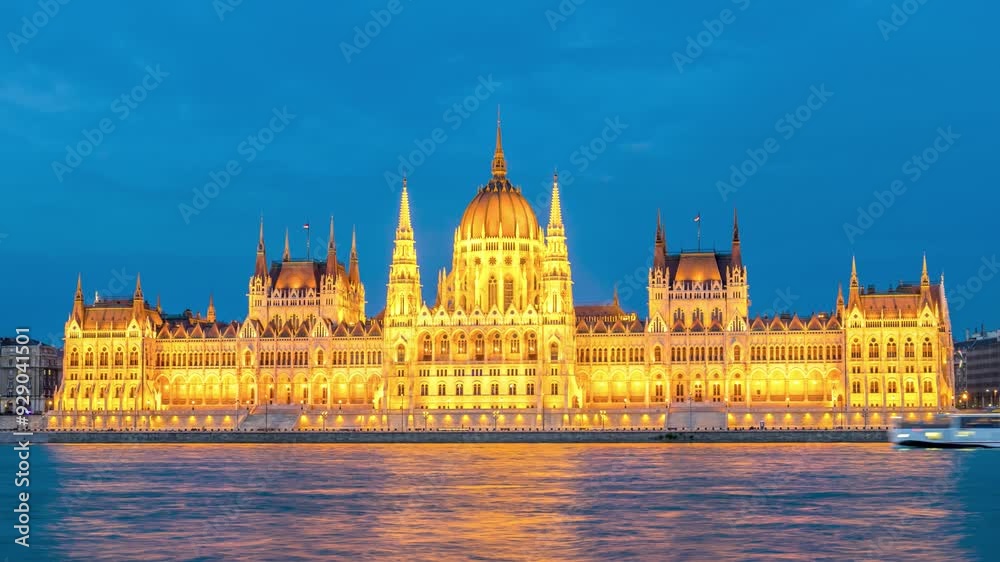 Budapest Hungary time lapse night city skyline at Hungarian Parliament and Danube River Budapest Hungary time lapse night city skyline at Hungarian Parliament and Danube River