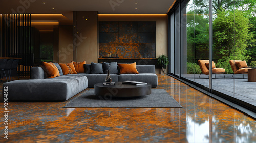 Modern luxury living room with gray sectional sofa, orange cushions, glass walls, and lush greenery view