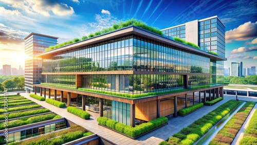 Modern sustainable office building with sleek lines, large windows, and green rooftop, symbolizing eco-friendliness, energy efficiency, and innovative urban architecture in a bustling cityscape.