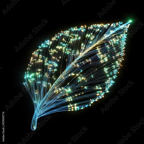 Leaf interwoven with fiber optics, fastpaced technology, 3D illustration photo