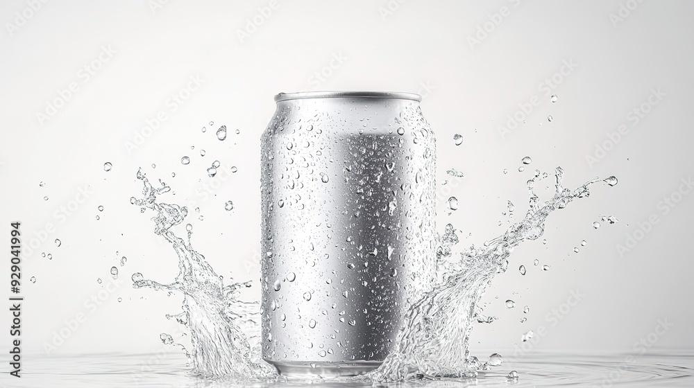 Blank silver aluminum 330 ml soda can with drops splash mockup Blank silver aluminum 330 ml soda can with drops splash mockup