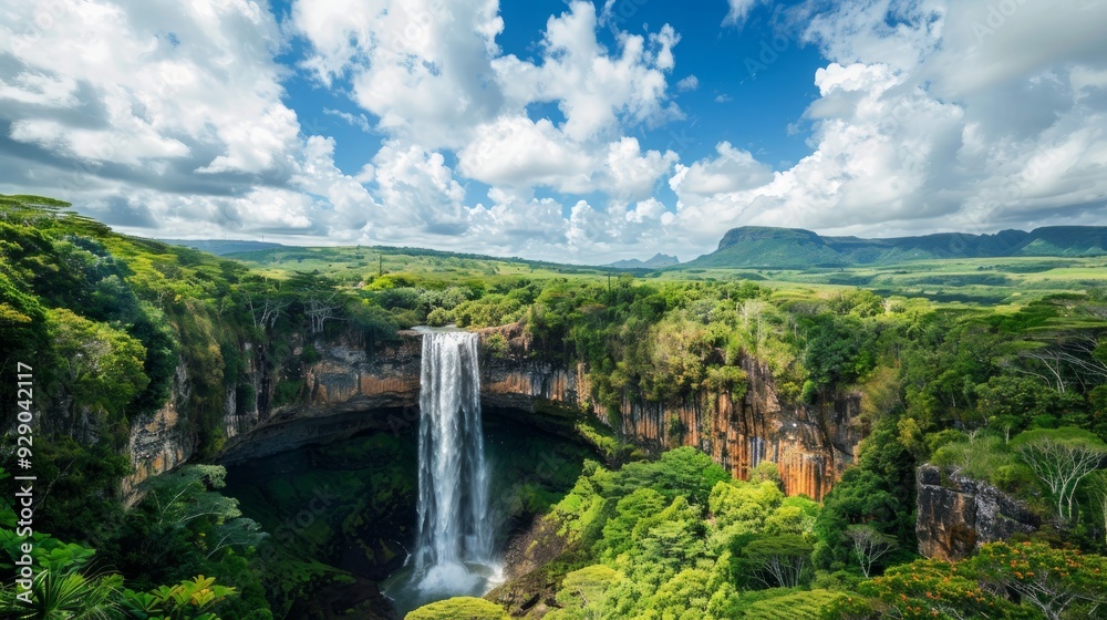 The highest waterfall on the island of Mauritius is Chamarel, whose water falls into the crater of a long-extinct volcano. Exotic nature of tropical paradise of Mauritius island, Chamarel waterfall. The highest waterfall on the island of Mauritius is Chamarel, whose water falls into the crater of a long-extinct volcano. Exotic nature of tropical paradise of Mauritius island, Chamarel waterfall.