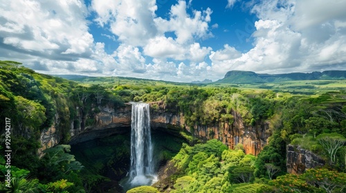 The highest waterfall on the island of Mauritius is Chamarel, whose water falls into the crater of a long-extinct volcano. Exotic nature of tropical paradise of Mauritius island, Chamarel waterfall.