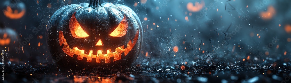 Fototapeta premium A glowing jack-o'-lantern with a sinister grin amidst a spooky mist, perfect for Halloween-themed projects or decorations.