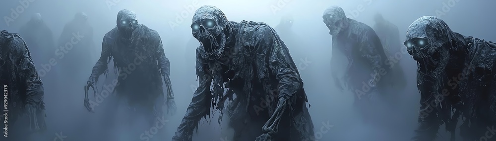 A haunting image of undead creatures emerging from the mist, evoking a sense of fear and mystery in a dark, eerie landscape.