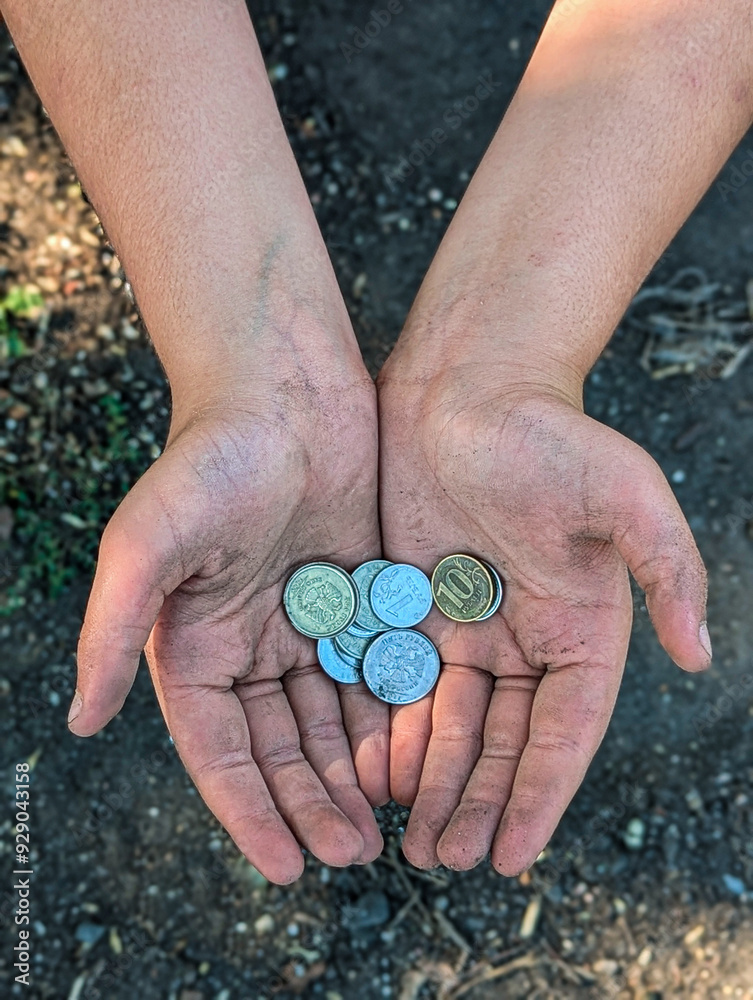 A man asks for alms. Money and finance. Coins on the palm
A man asks for alms. Money and finance. Coins on the palm