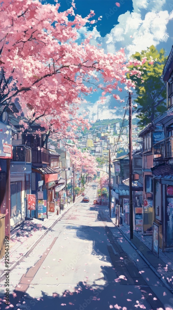 Fototapeta premium Springtime Enchantment: anime-style City Streets Bloom with Life, the Perfect Canvas for Leisurely Vacations and Idyllic Travel Posters in 4K,Anime-Style,illustration,Picture BooksFor Poster,Novel,UI,