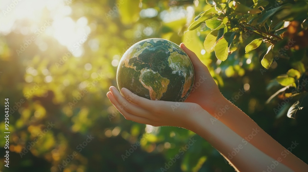 A Hand Holding a Globe with a Green Leafed Tree Branch in the Background A Hand Holding a Globe with a Green Leafed Tree Branch in the Background