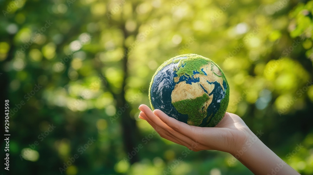 Hand Holding a Globe Covered in Green Moss Against a Green Bokeh Background Hand Holding a Globe Covered in Green Moss Against a Green Bokeh Background