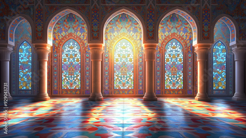 3D interior of mosque and colorful pattern on pillars.