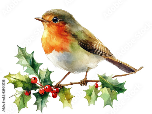 A beautiful robin perched on a holly branch, showcasing its vibrant colors and festive charm in a natural winter setting.