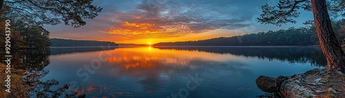 A peaceful lake at sunrise, with the golden light of dawn reflecting on the still water, evoking serenity and natural beauty